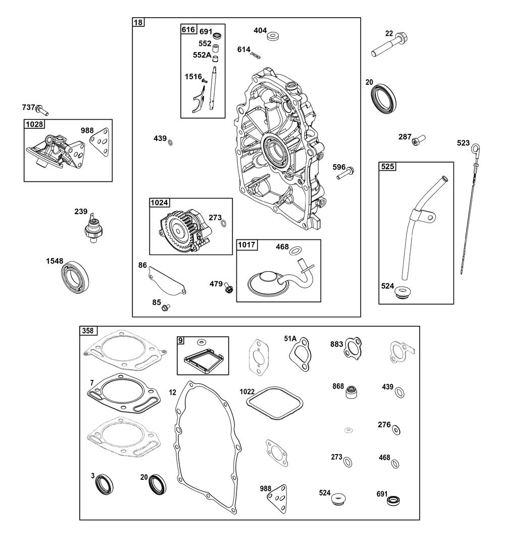 Crankcase Cover/Sump Group Diagram and Parts List for 305447-0612-B5 200000 - 399999 Briggs and Stratton Engine